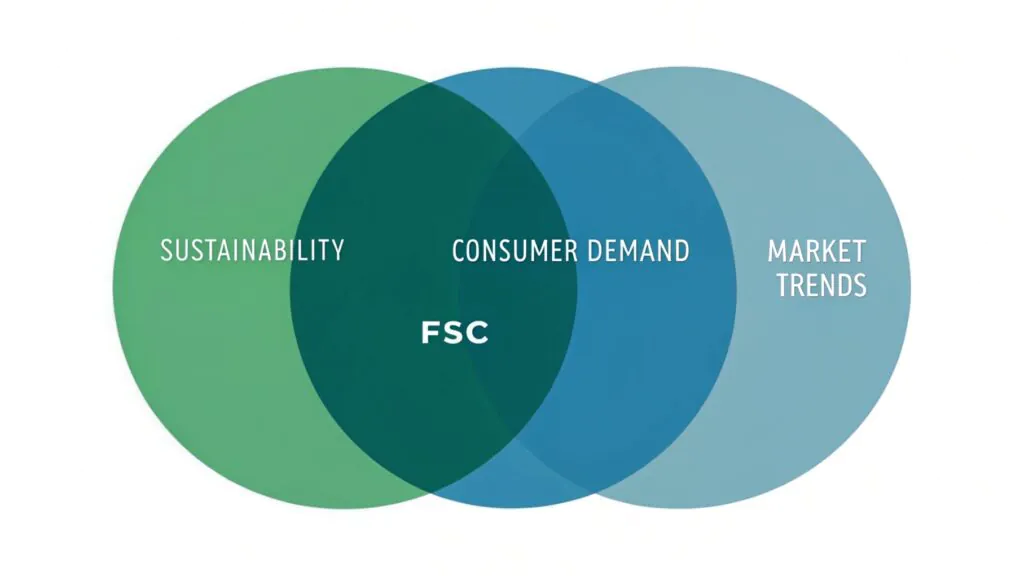 A graphic showing a Venn diagram of sustainability, consumer demand, and market trends intersecting around FSC-certified balloons