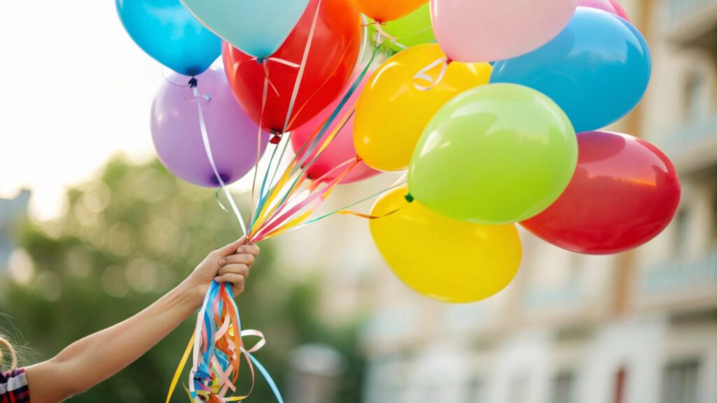 A hand holding a bunch of colorful latex balloons