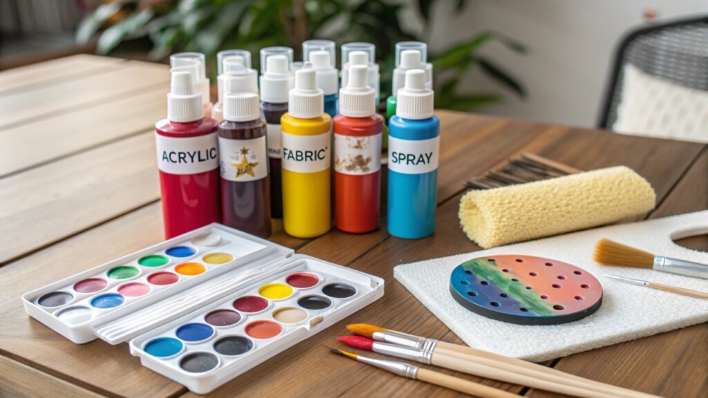 Different types of paints laid out on a table
