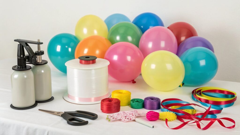 A table displaying various balloon tools and materials