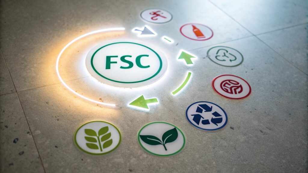 A graphic showing different eco-certification logos, with the FSC logo highlighted, and arrows pointing to various balloon products