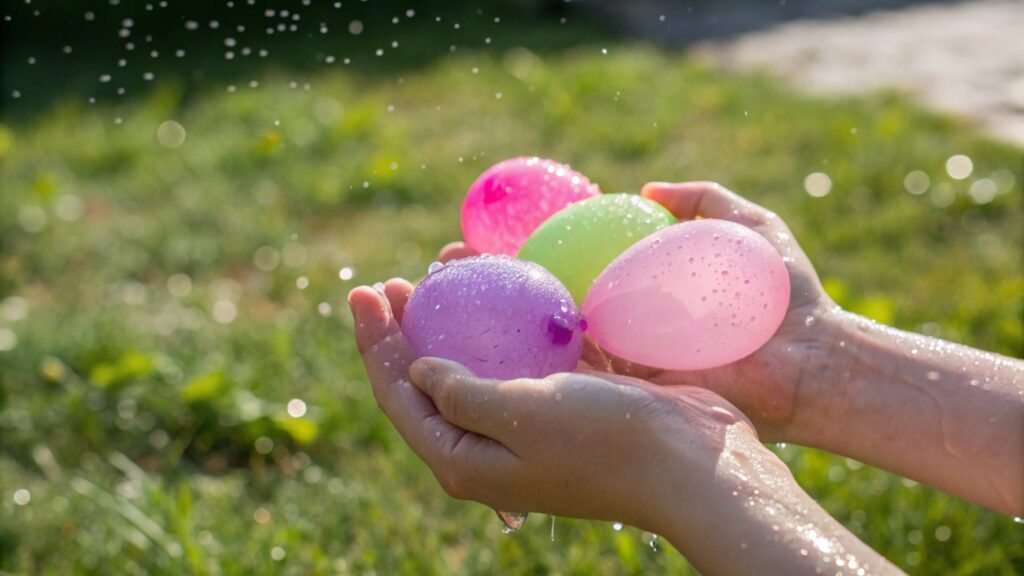 A close-up of hands holding colorful water balloons, ready to throw