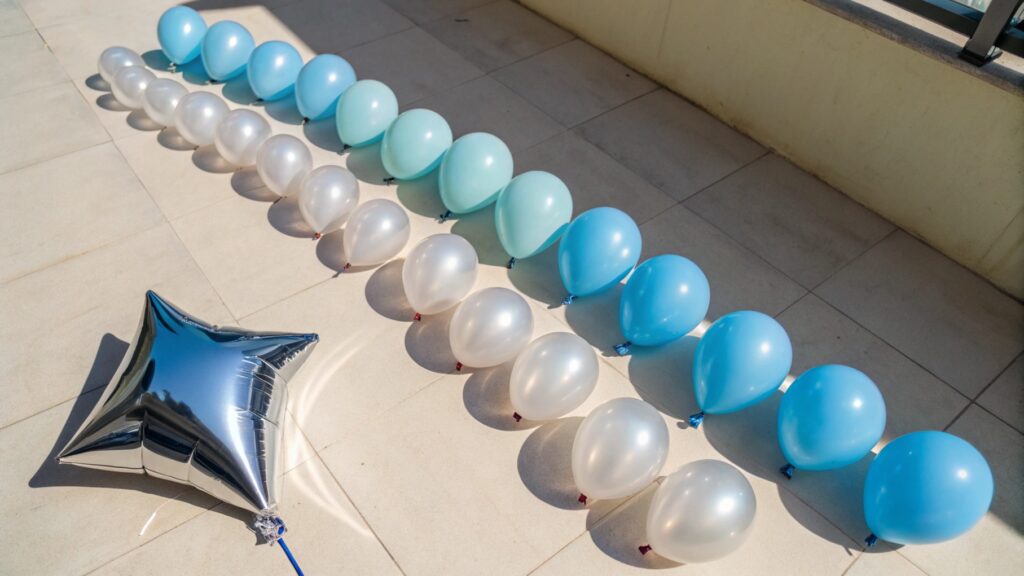 Various types of balloons arranged by size
