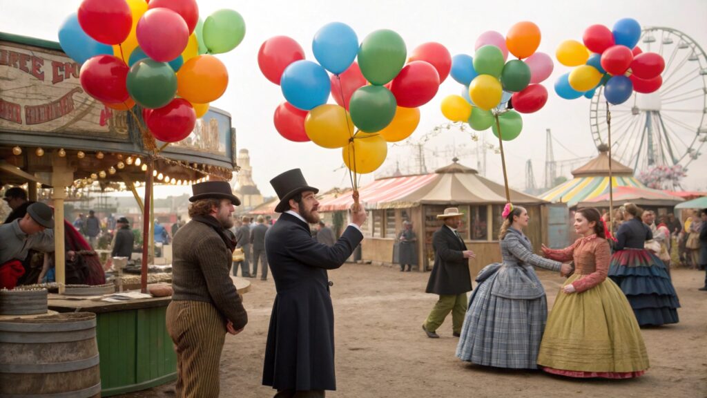 A bustling Victorian fair with balloons