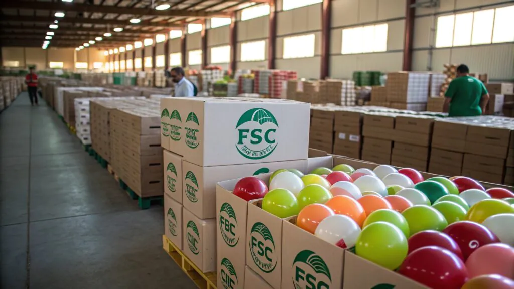 An image of a large warehouse filled with boxes of balloons, some clearly labeled with eco-friendly certifications