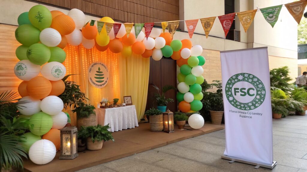 An image showing a vibrant event setup featuring both FSC-certified balloons and other eco-friendly decorations like paper lanterns and fabric banners