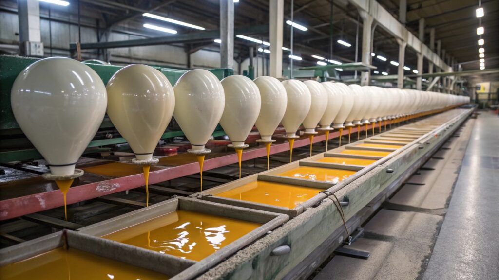 An image showing a factory production line with either balloon molds or condom molds being dipped into a liquid.