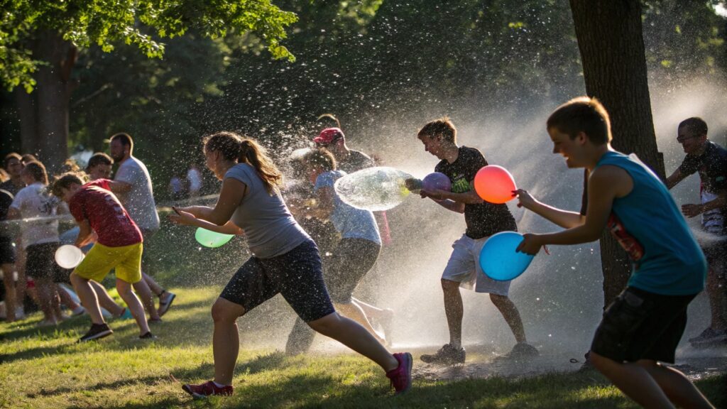 A lively water balloon fight in progress, showing people active and engaged