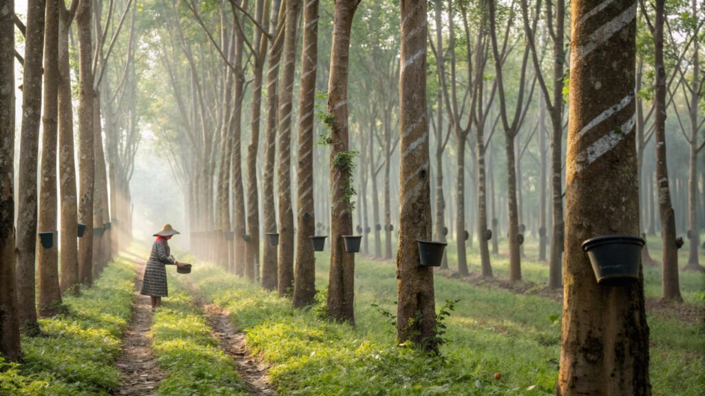 An image showing a rubber tree plantation or a collection of raw latex from trees.