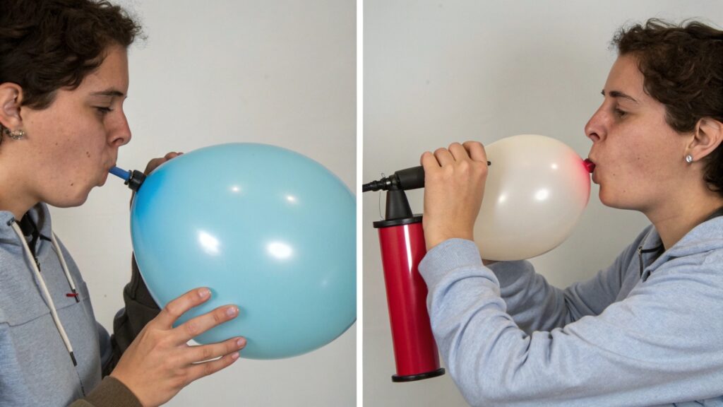 Someone blowing a balloon side-by-side with a pump