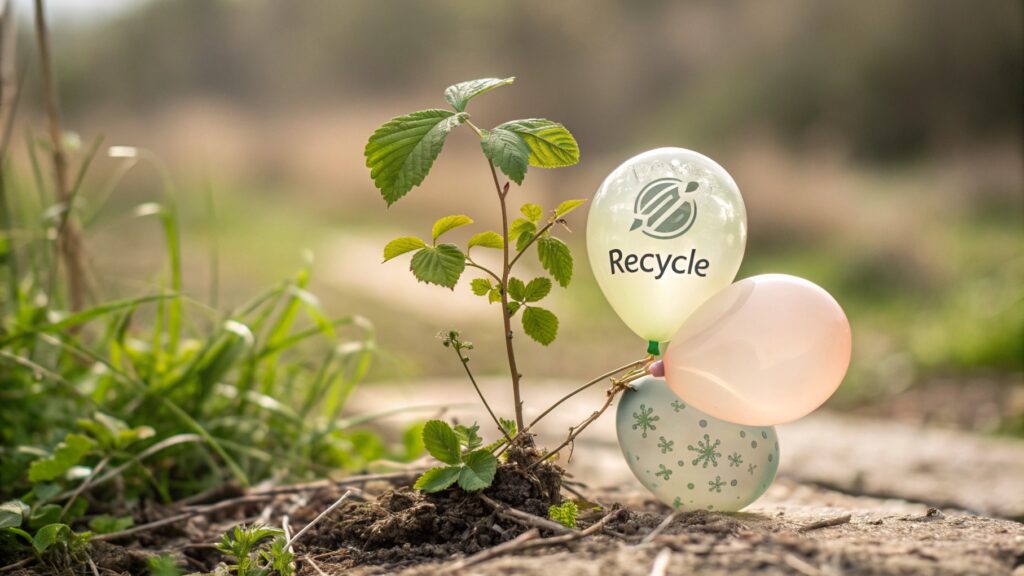 Green leaves symbolizing sustainability with balloons