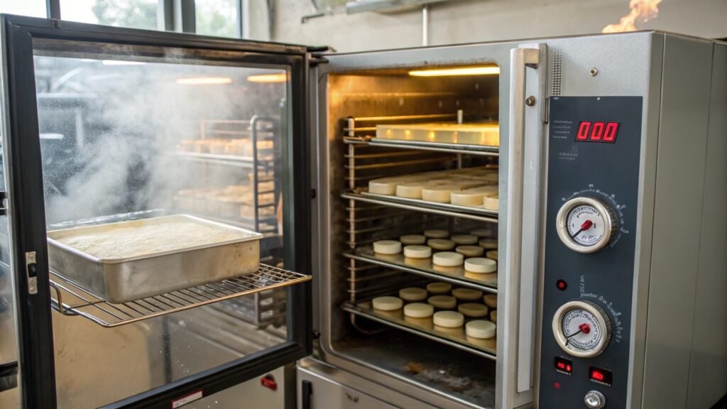 An image showing a controlled temperature chamber or oven, representing the vulcanization stage.