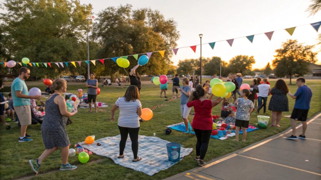 A large, open field with many people gathered, some holding water balloons