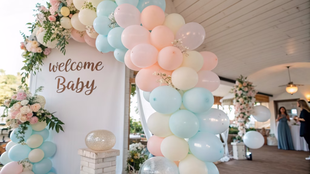 A beautiful balloon arch with macaroon colors at a baby shower