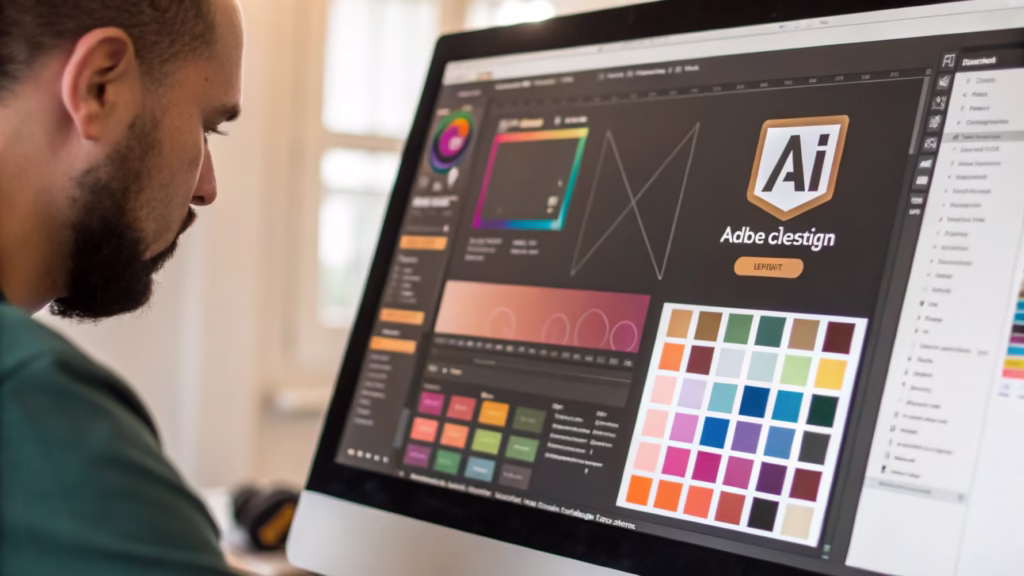 A graphic designer's screen showing a brand's vector logo and Pantone color swatch