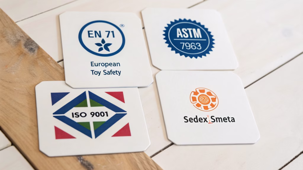 A collection of safety certification logos like Sedex, ISO, and EN 71