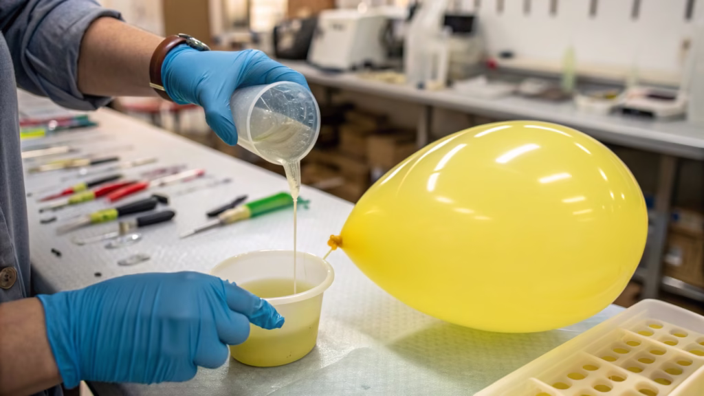 A hand applying HI-FLOAT treatment into a latex balloon before inflation