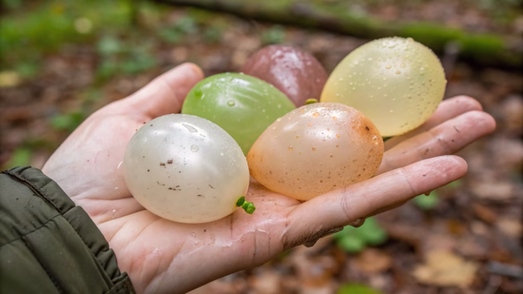 A hand holding biodegradable water balloons against a green, natural background