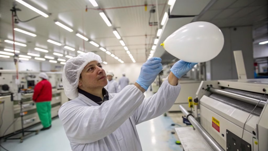 A quality control inspector examining latex balloons for defects in a factory