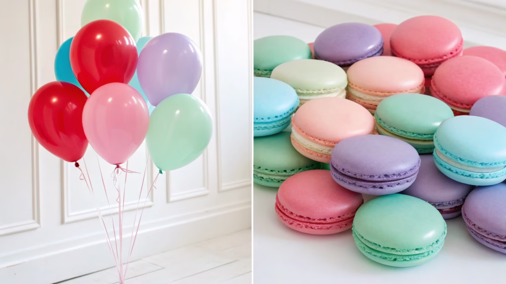A split image showing matte balloons on one side and macaroon balloons on the other