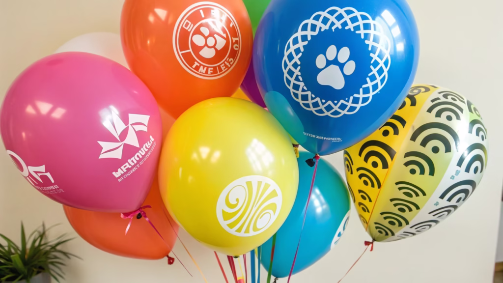 An assortment of custom printed balloons showing different printing styles and colors