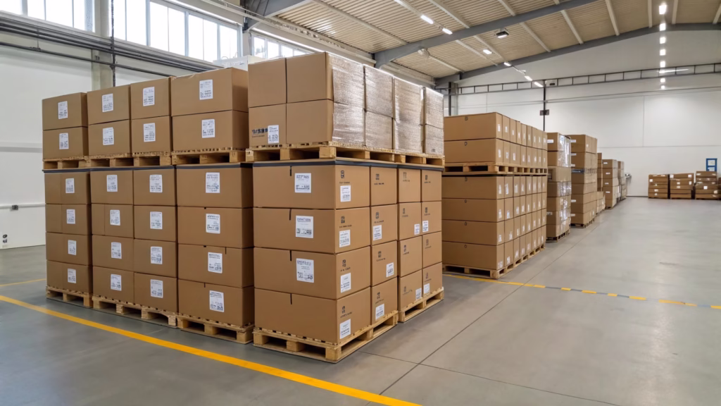 Warehouse pallets stacked high with boxes of custom-ordered balloons