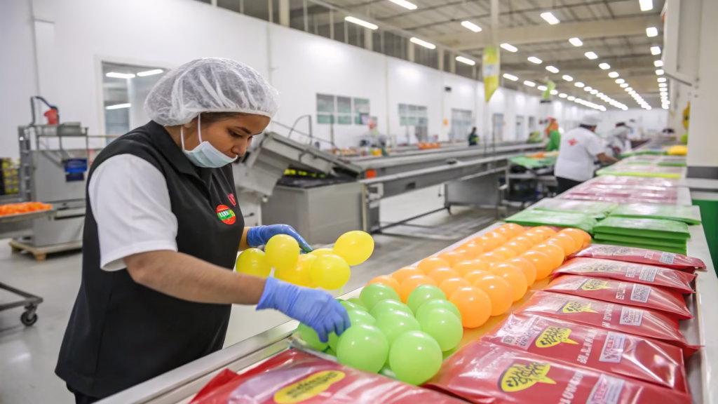 A worker packaging balloons into branded retail bags in a factory
