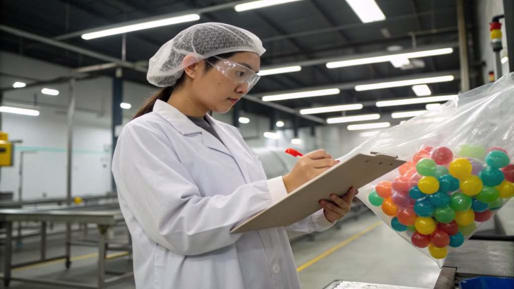 An inspector checking the quality of water balloons in a factory