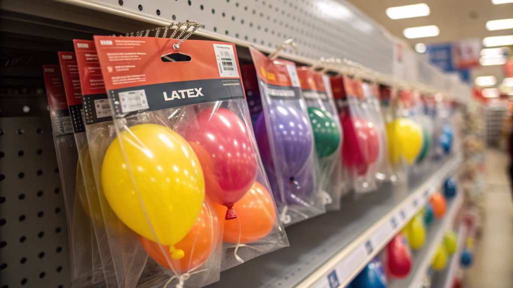 Balloons in polybags with header cards hanging on a retail pegboard display
