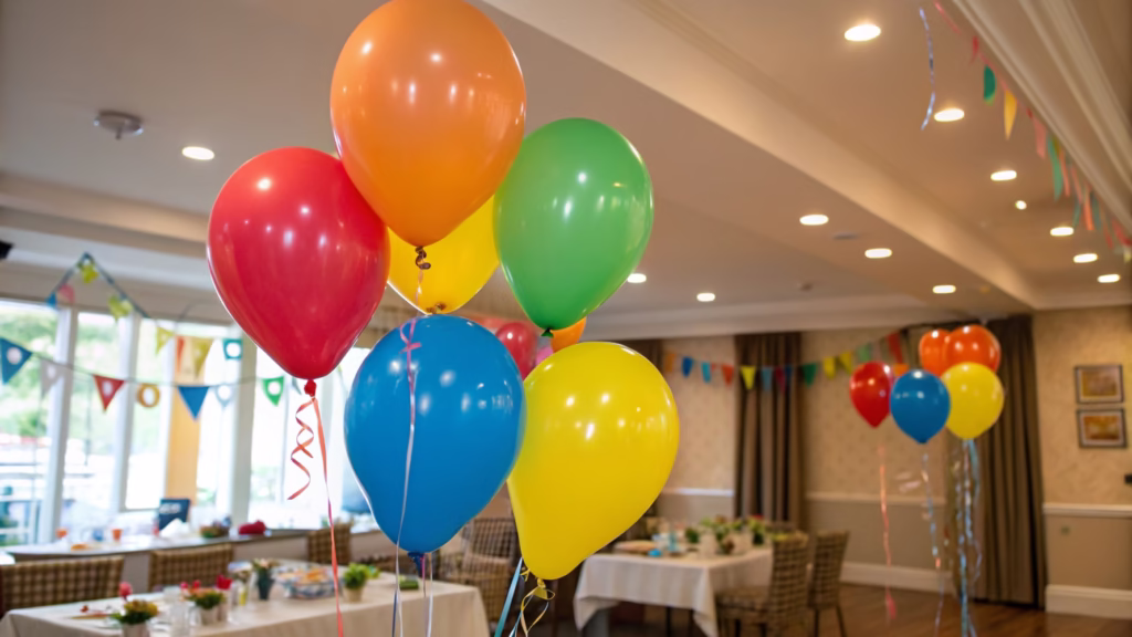 Colorful latex balloons floating in an indoor setting