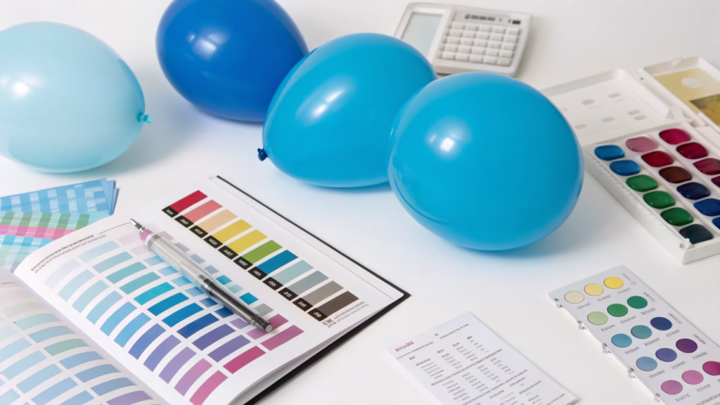 Pantone color swatches displayed next to colorful latex balloons