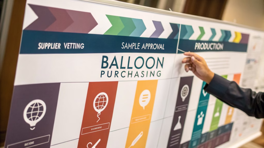 A Gantt chart or timeline infographic showing the stages of balloon procurement