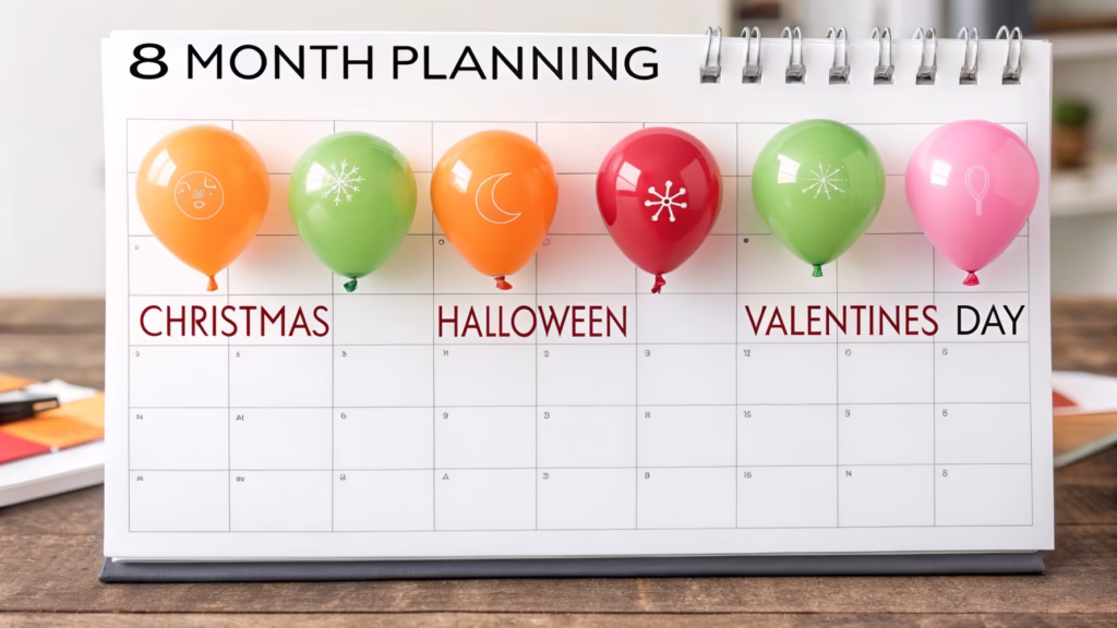A calendar showing seasonal holidays with balloon icons on them