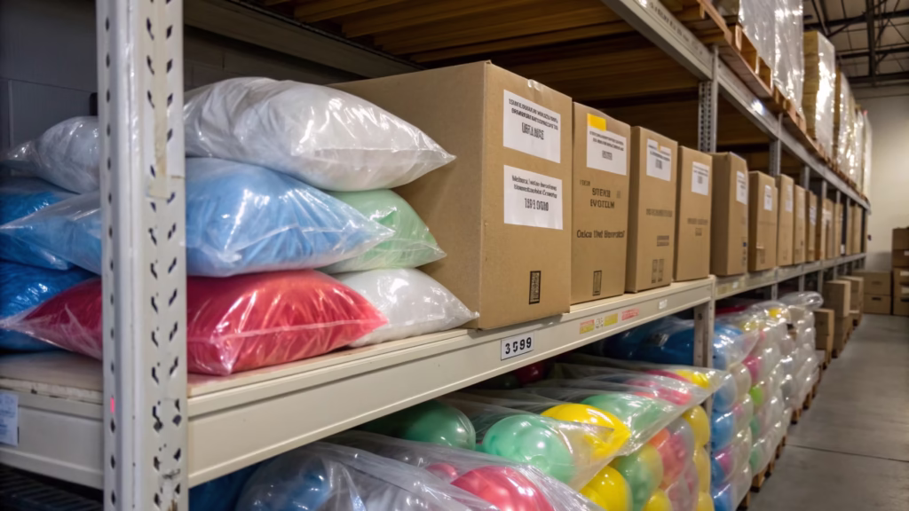 Uninflated latex balloons in their original packaging in a warehouse