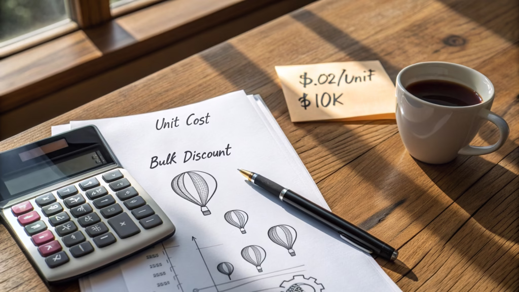A calculator and a pen on top of a pricing sheet with balloon sketches
