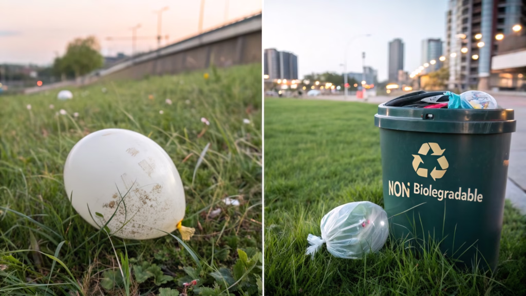 A biodegradable latex balloon in a natural setting next to a Mylar balloon in a recycling bin