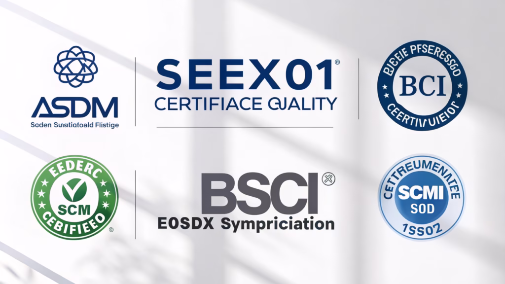 A collage of certification logos like ISO 9001, Sedex, and EN 71