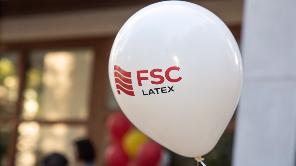 A close-up of a high-quality logo printed on an FSC latex balloon