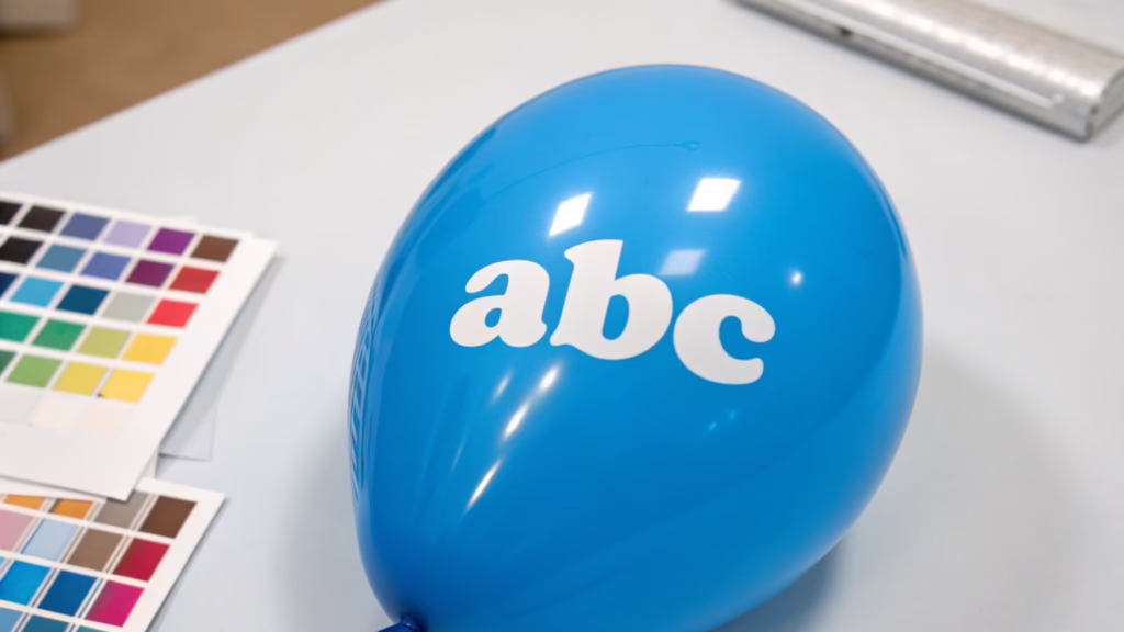 A close-up of a printed balloon showing vibrant, safe ink next to color swatches