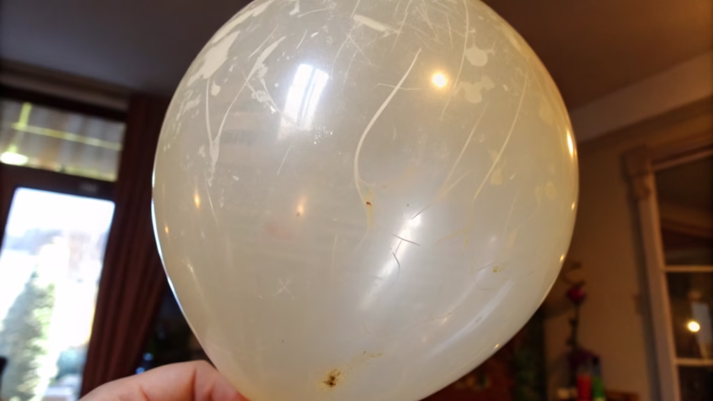 A close-up of a stretched latex balloon showing weak spots
