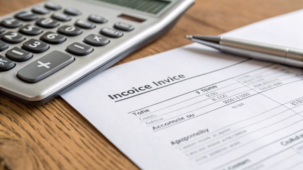 A close-up of a commercial invoice and a calculator