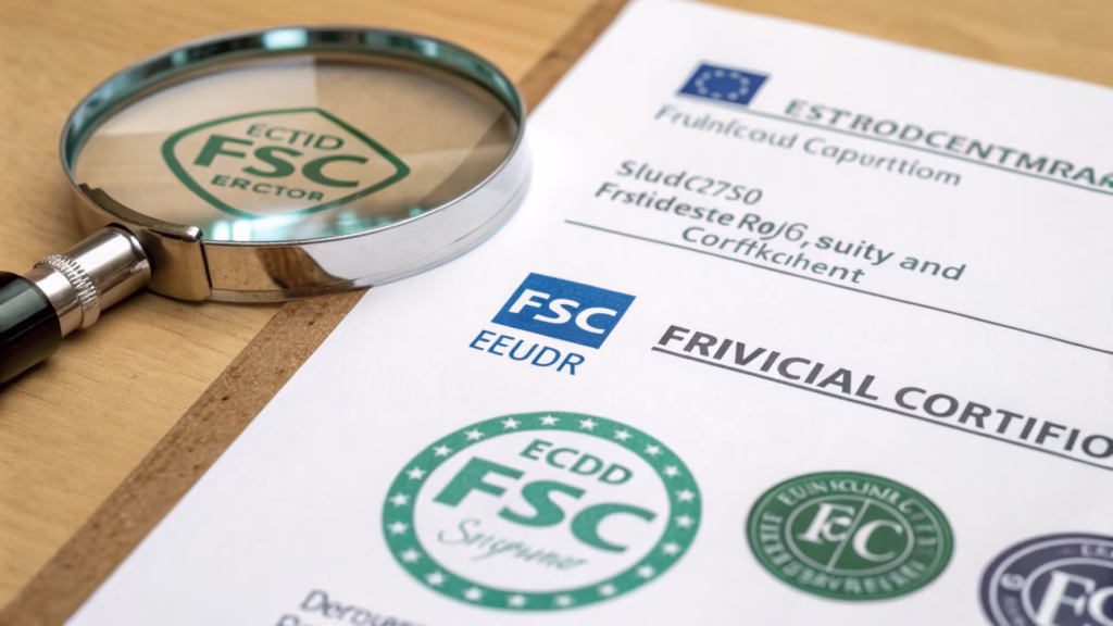 Close-up of FSC and EUDR certification logos on a document
