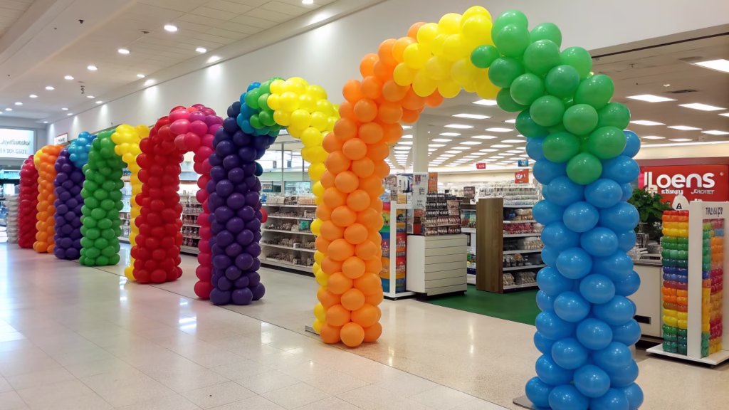 A colorful retail balloon display featuring latex balloon arches and columns