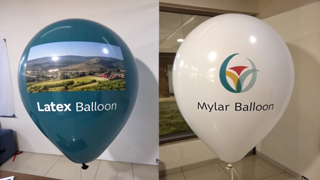 A comparison of customized latex and mylar balloons side-by-side