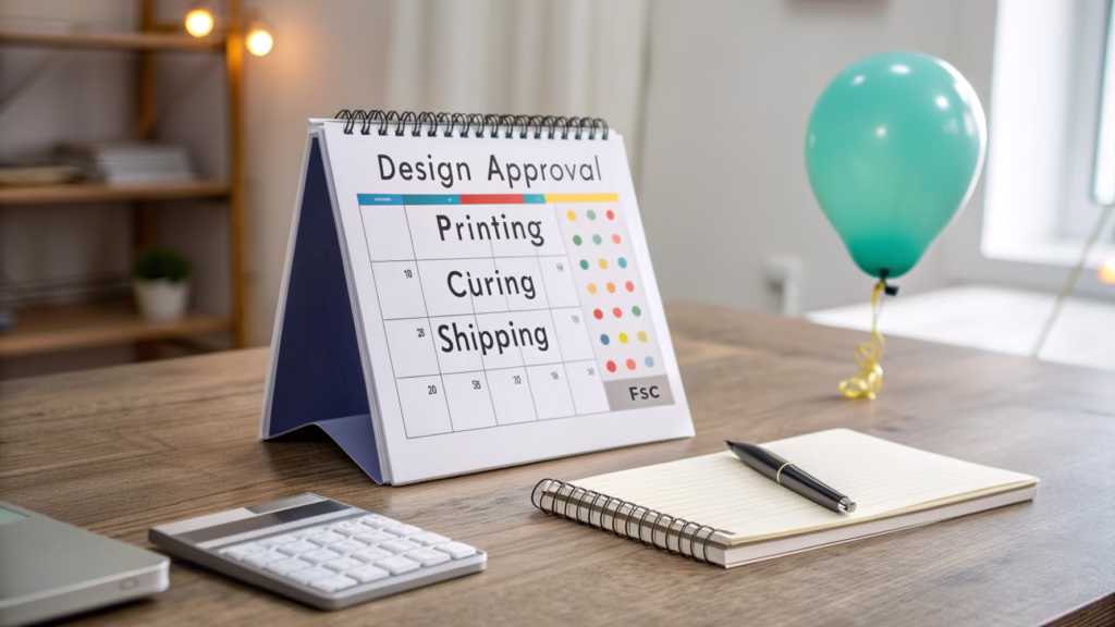 A calendar with a production timeline marked for a balloon order