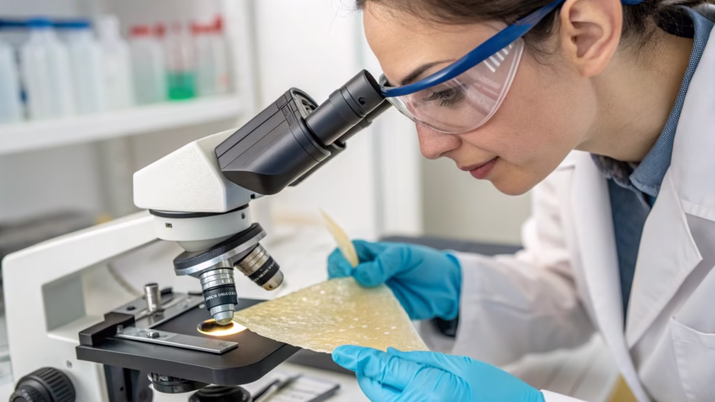 A close-up of a lab technician testing a piece of latex material