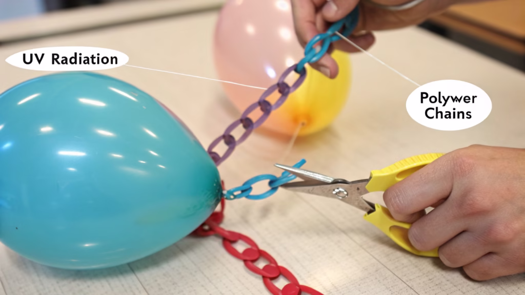 A diagram showing UV rays breaking down latex polymer chains