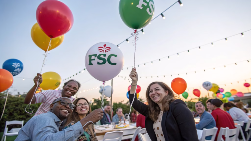 Happy customers with FSC certified balloons at a party
