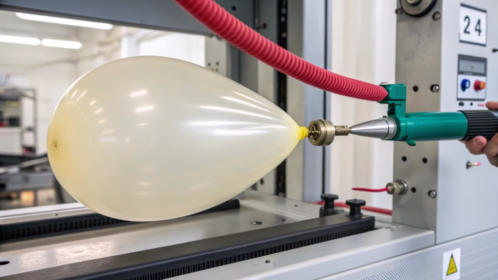 A latex balloon being inflated in a burst testing machine