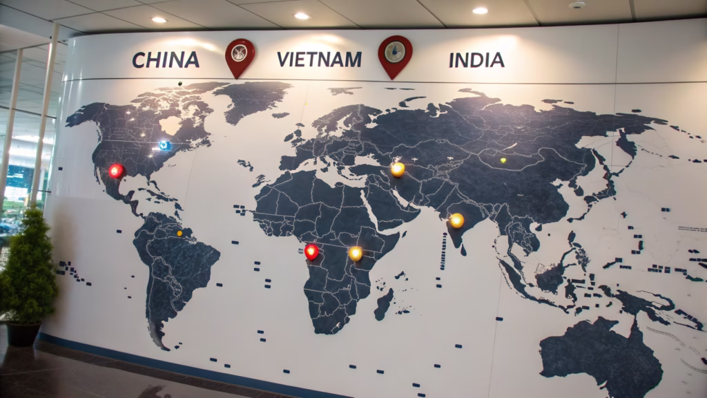 A map pointing to manufacturing hubs in Asia